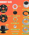 Components of Two Set 3500lb Trailer Hub Kit including five lug hub, bearings, and hardware with dimensions displayed on the image
