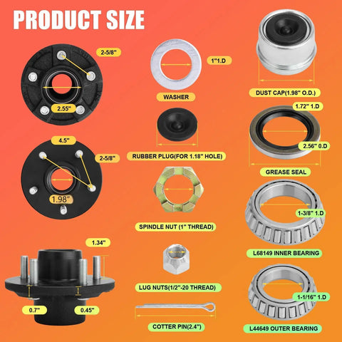 Components of Two Set 3500lb Trailer Hub Kit including five lug hub, bearings, and hardware with dimensions displayed on the image