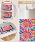 Boho Tie Dye Storage Bins With Lids Foldable Closet Organizers shown in shelves, 14x10x10 inches polyester, colorful design.