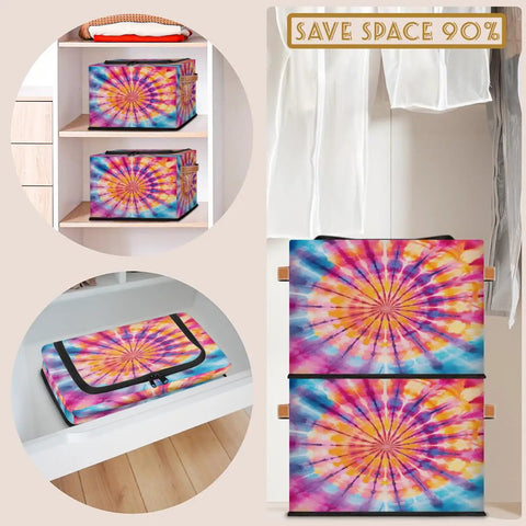Boho Tie Dye Storage Bins With Lids Foldable Closet Organizers shown in shelves, 14x10x10 inches polyester, colorful design.