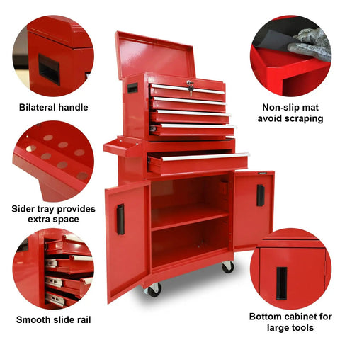 Beefed Up Rolling 5 Drawer Tool Chest With Locking Drawers, Removable Top Tool Box, Large Bottom Cabinet With Adjustable Shelf, Side Tool Rack, And Built In Locking Mechanism, Heavy Duty Metal On Wheels In Bold Red