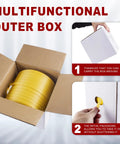 Built Tough For Heavy Lifting No Hassle Polypropylene PP Strapping Half Inch By 1000 Feet Pallet Securing Kit With Self Dispenser Box showing yellow strapping roll in an open cardboard box.