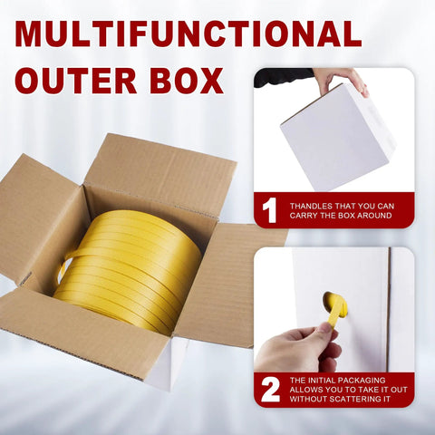 Built Tough For Heavy Lifting No Hassle Polypropylene PP Strapping Half Inch By 1000 Feet Pallet Securing Kit With Self Dispenser Box showing yellow strapping roll in an open cardboard box.