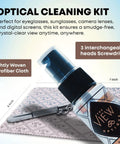Fresh Eyes On The Go Lens Cleaning And Repair Kit With Half Ounce Antireflective Safe Spray Ultra Soft Microfiber Cloth and screwdriver on cleaning cloth.