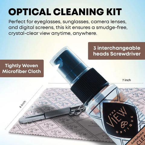 Fresh Eyes On The Go Lens Cleaning And Repair Kit With Half Ounce Antireflective Safe Spray Ultra Soft Microfiber Cloth and screwdriver on cleaning cloth.