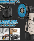 Powerful Cordless Angle Grinder Kit With 13000RPM Speed showing brush motor and grinding discs, suitable for various materials.