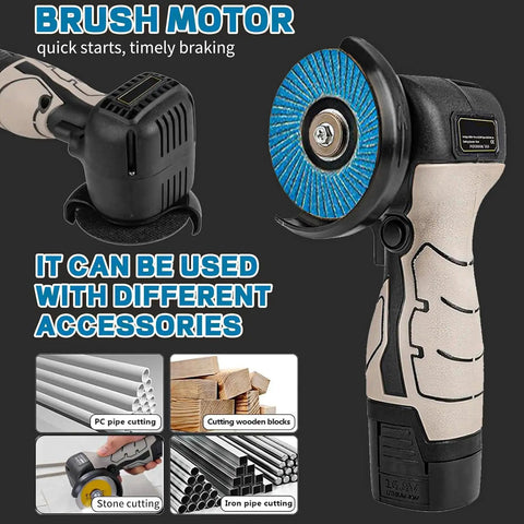 Powerful Cordless Angle Grinder Kit With 13000RPM Speed showing brush motor and grinding discs, suitable for various materials.