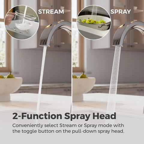 Pfister Vaneri Kitchen Faucet with Pull Down Sprayer, Polished Chrome showcasing 2-function spray head options: Stream and Spray.
