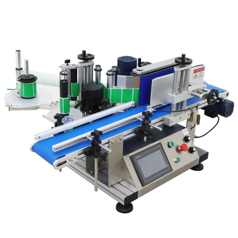 Quick Turnaround Automatic Round Bottle Labeler Processes Twenty To Two Hundred Units Per Minute Fits Wine Cans And Cosmetics with blue conveyor.