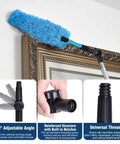 12Ft Telescopic Extension Pole With 3 To 8 Ft Adjustable Reach For Painting And Cleaning, All In One Lightweight Aluminum Alloy Multi Purpose Pole For Window Washing, Feather Duster, Paint Roller, Squeegee Kit features a blue microfiber duster, angle adapter, and universal thread details.
