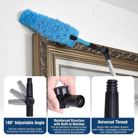 12Ft Telescopic Extension Pole With 3 To 8 Ft Adjustable Reach For Painting And Cleaning, All In One Lightweight Aluminum Alloy Multi Purpose Pole For Window Washing, Feather Duster, Paint Roller, Squeegee Kit features a blue microfiber duster, angle adapter, and universal thread details.