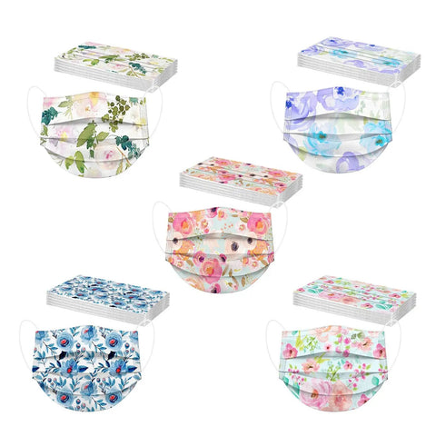 Floral Print Disposable Face Masks For Glasses Wearers 3 Ply Breathable Anti Fog Face Cover With Adjustable Nose Wire 50 Pack