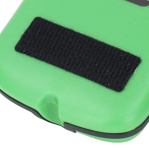 Close-up of the green casing of the Mingzhe Stud Finder with 5 Modes LCD Display featuring a black Velcro strap.