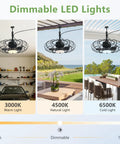 20 Inch Black Outdoor Ceiling Fan With Light And Remote App Control Three Color Temperatures Six Speed Options IP65 Waterproof Gazebo Hanging Fan For Patio Porch Garage Canopy showing dimmable LED lights in various settings