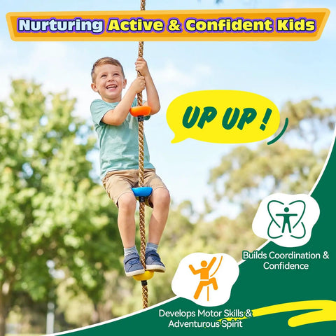 Child climbing rope on Kids Tree Swing Set With 330Lb Capacity Rope Swing With Platforms And Disc Seat Outdoor Backyard Playground Accessories Includes Carabiners And Thickened Straps For Safe Fun Climbing And Swinging