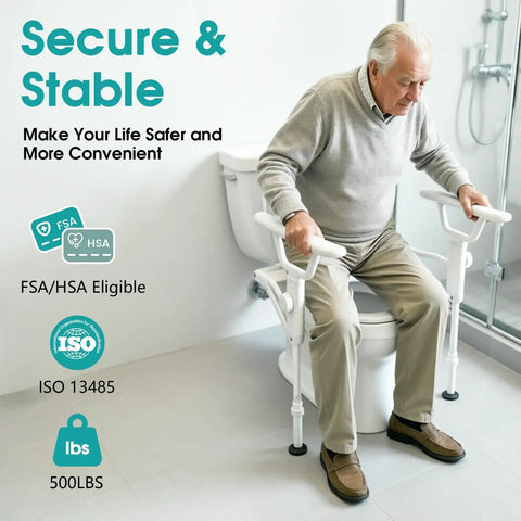Rock Solid Foldable Toilet Safety Rail For Seniors Crafted From Heavy Duty Aluminum Reinforced With Tough As Nails Carbon Frame Holding Five Hundred Pounds Smooth Bathroom Assist with seated senior in bathroom.
