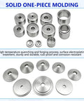 50 Piece Universal Pull And Press Sleeve Kit For Bearings Seals And Bushings Removal And Installation In Cars And Light Trucks With 5 Pulling Spindles Gloves And Tool Box shown with metal sleeves and discs.