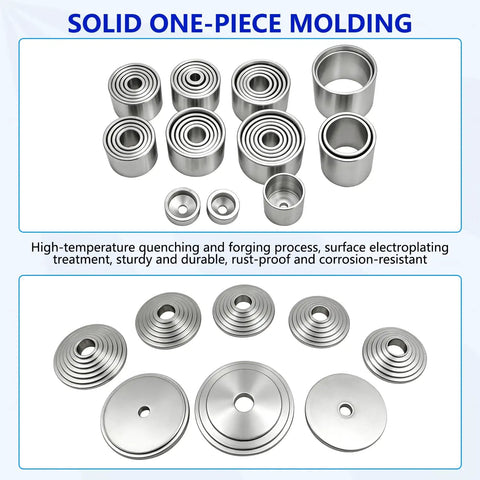 50 Piece Universal Pull And Press Sleeve Kit For Bearings Seals And Bushings Removal And Installation In Cars And Light Trucks With 5 Pulling Spindles Gloves And Tool Box shown with metal sleeves and discs.
