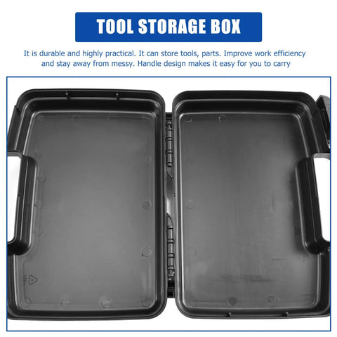 Rock Solid Portable Plastic Toolbox Organizer With Reinforced Carrying Handle Built For Weekend Warriors And Licensed Electricians Provides Hella Convenient Organization Inside An Unbreakable Hard Storage Case, open view showing spacious interior.