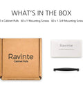 Box and contents of 30 Pack 5 Inch Matte Black Cabinet Handles for Kitchen Cupboard and Drawer Pulls with mounting screws.