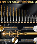 13-piece hex shank twist drill bit set with specifications and close-up features in a diagram.