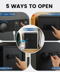 Image showing five unlocking methods for a Four In One Personal Safe For Your Pad Or Office With 1.69 Cu Ft And 0.1 Second Quick Access Unlock By Fingerprint App Key And Customizable Passcode Perfect For Money Jewelry.