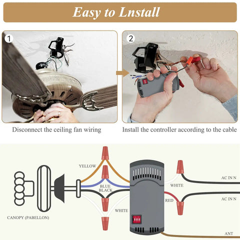 Installation guide for Universal Ceiling Fan Remote Control Kit Replacement For Multiple Brands And Models with wiring diagram.