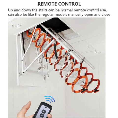 Premium Top Shelf Electric Retractable Attic Ladder With Remote Control Telescoping Steps showing motorized aluminum steps.