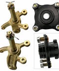 Front Wheel Hub Steering Knuckle Spindle And Brake Disc Rotor For ATV Quad Go Kart No Caliper Heavy Duty Front Rotor Assembly Easy Install Beefed Up Durability, showing components including hub spindle and rotor plate.
