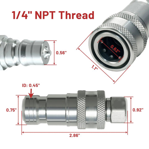 No Nonsense Direct Replacement 7J612-66323 And K2581-66220 Hydraulic Quick Coupler Set with measurements and dust caps, 1/4 NPT.