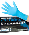 Front view of blue nitrile gloves on a hand with XR PRO BLUE 8.5 mil NITRILE GLOVES box, 50 COUNT, extended cuff