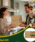 Man and woman exchanging a boxed 14 Inch Bamboo Lazy Susan Turntable Organizer For Kitchen Cabinets And Countertops, gift idea presentation