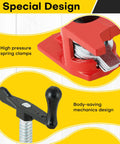 Beefy Heavy Duty Three Quarters Inch Pipe Clamp Set For Woodworking Cast Iron Build With Black Oxide Threads And Durable Baking Varnish Finish For Superior Glue Jobs, red spring clamp and pipe clamp detail