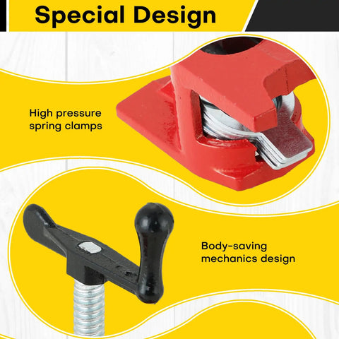 Beefy Heavy Duty Three Quarters Inch Pipe Clamp Set For Woodworking Cast Iron Build With Black Oxide Threads And Durable Baking Varnish Finish For Superior Glue Jobs, red spring clamp and pipe clamp detail