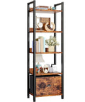 5 Tier Bookshelf With Drawer Space Saving Tall Narrow Wood And Metal Storage Organizer Industrial Display Shelf Unit