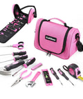 Pink Tool Set For Women With Shoulder Strap 21 Pieces Basic Tool Kit In A Portable Zipper Tool Bag displayed on white background