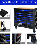 Heavy Duty Rolling Tool Chest With 12 Drawers Mechanic Tool Box On Wheels Beefy Mobile Storage Cabinet And Workbench For Garage Workshop Warehouse And Repair Shop With Solid Wood Top, black steel chest with oak top and side handle