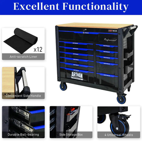 Heavy Duty Rolling Tool Chest With 12 Drawers Mechanic Tool Box On Wheels Beefy Mobile Storage Cabinet And Workbench For Garage Workshop Warehouse And Repair Shop With Solid Wood Top, black steel chest with oak top and side handle