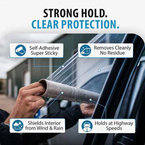 Close-up of Emergency Car Window Cover Tape 12ft XL Waterproof 17.5 Inch Wide being applied to a car window for strong hold.