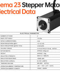 Front view of NEMA 23 stepper motor with black housing and silver mounting faceplate, exposed shaft, attached cable.