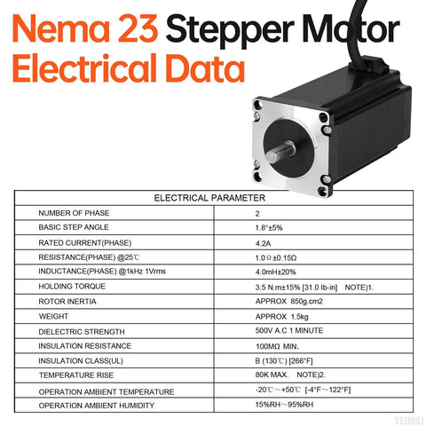 Front view of NEMA 23 stepper motor with black housing and silver mounting faceplate, exposed shaft, attached cable.