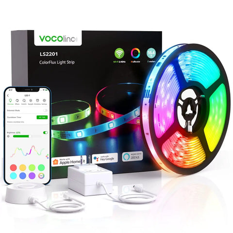 RGBIC LED Strip Lights 16.4ft Smart Color Strip With HomeKit Alexa Google WiFi Control reel, phone app, and packaging.