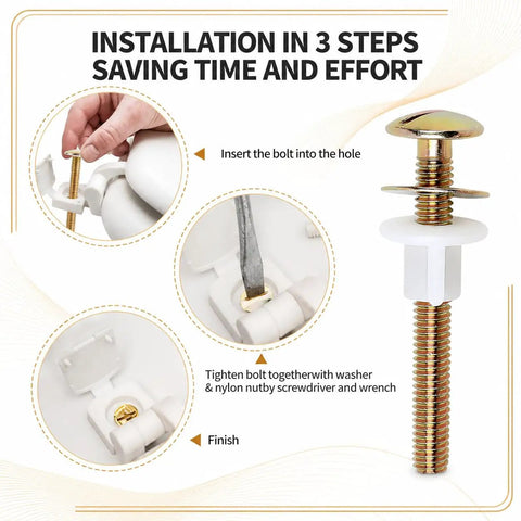 Installation steps for Tough As Nails Toilet Seat Bolts And Nuts Kit showing bolt insertion and tightening process.