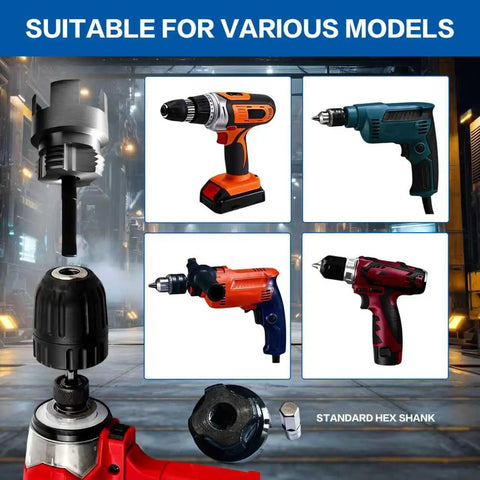 Versatile 3 Piece PVC Pipe Threader Set For Internal And External Threading For 1/2 Inch 3/4 Inch And 1 Inch Pipes With Hex Shank Quick Change Heavy Duty Carbon Steel Construction Fits Electric Drills DIY Pro Grade Pipe Threading Tools with electric drills and standard hex shank in use