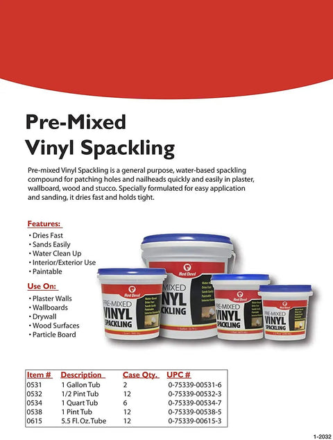 Pre-Mixed Vinyl Spackling 1 Quart for Interior and Exterior Use, Easy Apply With Any Putty Knife, Sands Smooth After Cure, Paintable Finish, Ideal for Quick DIY Wall Patches and Seam Repairs