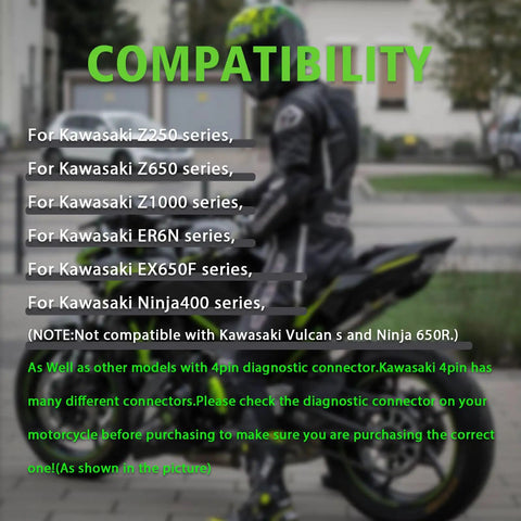 Kawasaki 4 Pin To 16 Pin OBD2 Diagnostic Cable compatibility with various motorcycle models including Z250 and Ninja400.