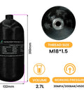 4500 Psi 2.7L Carbon Fiber Scuba Tank With Paintball Fill Station Valve Regulator Gauge, showing dimensions and thread size.