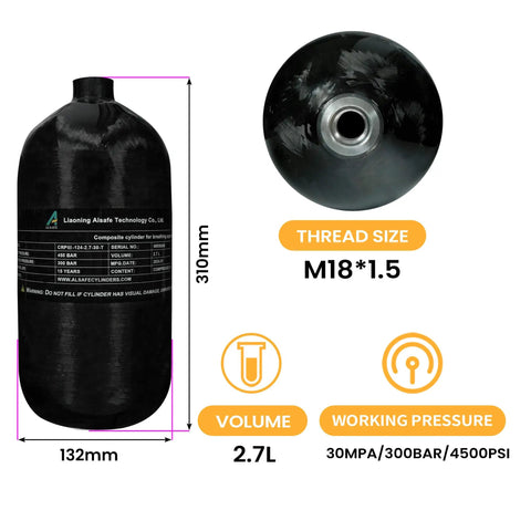 4500 Psi 2.7L Carbon Fiber Scuba Tank With Paintball Fill Station Valve Regulator Gauge, showing dimensions and thread size.
