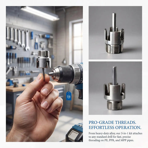Essential 3-Piece Internal External Pipe Threading Tool Kit For Plumber Pros Cut And Thread PVC PPR PE Plastic Pipes Up To One Inch With Precision Cutter in hand.