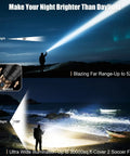 Ultra Bright 3000 Lumen LED Flashlight With Ignition Lens Fire Starter illuminating night scene, spotlight and floodlight modes shown